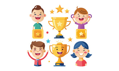 Happy Kids with Trophies and Stars - Achievement and Celebration Vector Illustration