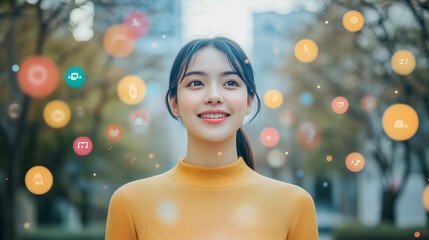 Fototapeta premium A smiling young woman with limited dexterity using voice commands outdoors in a park during the afternoon. Generative AI