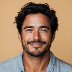 Obraz premium minimalistic portrait of brunette softly smiling man is 40 years old on beige background