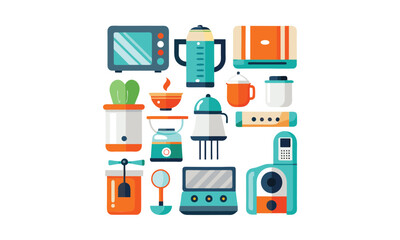 Kitchen Appliances and Cooking Tools Vector Set Flat vector illustrations of kitchen appliances and cooking tools, including microwave, blender, and toaster.
