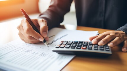 Calculating finances with pencil and calculator.