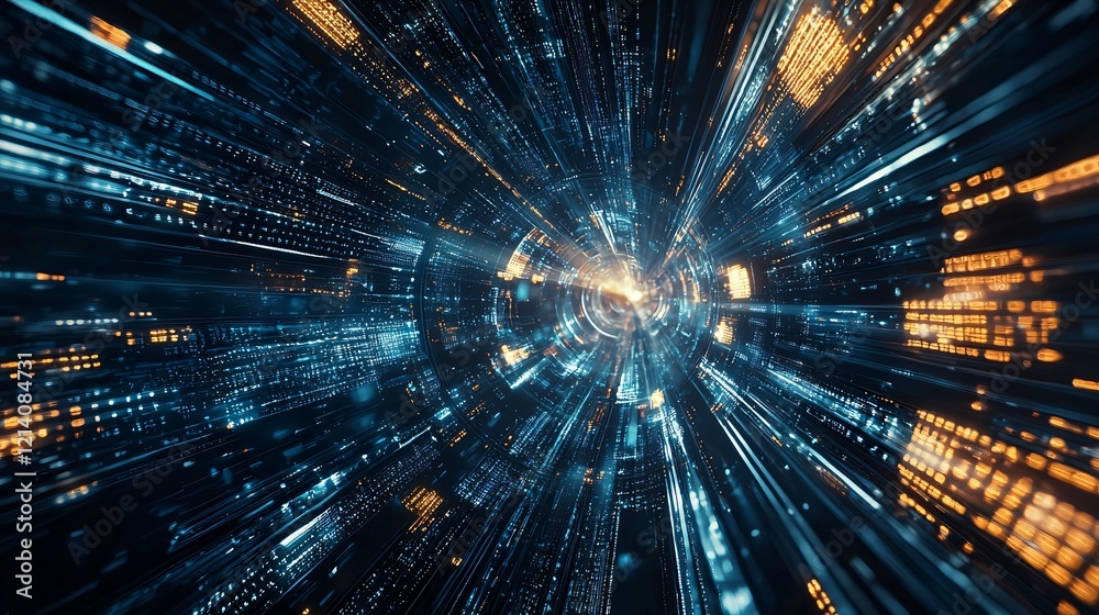 Wall mural high speed data stream futuristic digital tunnel of light and code