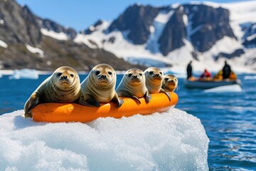 Obraz premium Five seals on orange raft floating on ice with mountain background on sunny day in antarctica