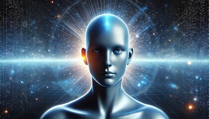 A smooth, futuristic, blue humanoid figure facing forward with a neutral expression