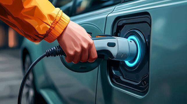 A picture of a hand inserting a charging cable into an electric vehicle connector.