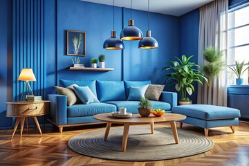Blue Living Room Sofa Round Wood Table 3D Rendering