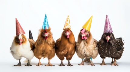 Celebrating chickens wearing party hats.
