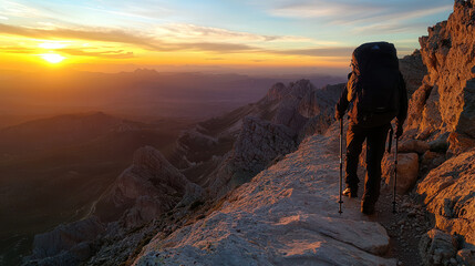 solo hiker on mountain trail during sunset, enjoying breathtaking view. vibrant colors of sky create serene atmosphere