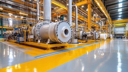 Industrial factory interior with large machinery and yellow floor and metal structure