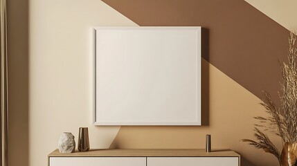 A creative decor setup with a blank white frame on a tri-tone wall in beige, brown hues, accented by a minimalist credenza.