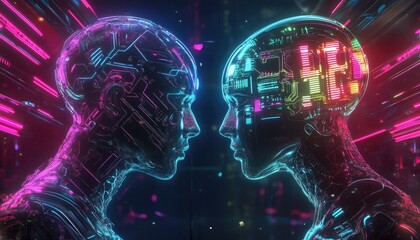 Depiction of two cyborgs facing each other.