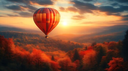 Obraz premium Hot air balloon soaring over autumnal forest at sunrise.