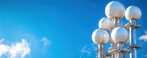 White Spherical Structures Against a Vivid Blue Sky with Scattered Clouds in a Sunny Day