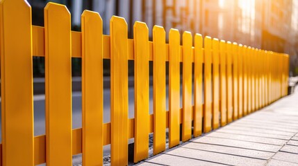 Fototapeta premium Bright yellow fence along a paved path with a warm sunlight effect in the background