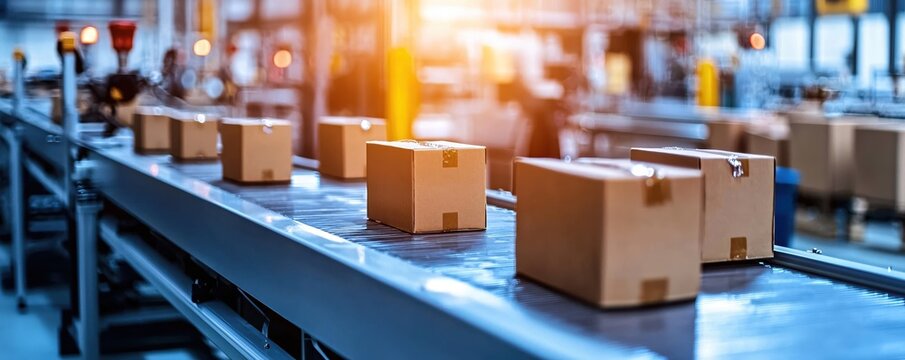Boxes moving on conveyor belt in a factory with bright light shining from above