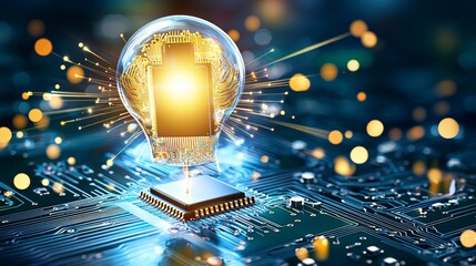 Glowing light bulb encasing microchip on circuit board symbolizing futuristic technology