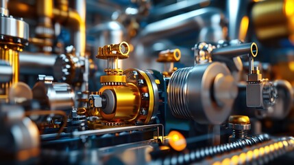 Obraz premium Complex industrial machinery with golden and silver components in a close up view