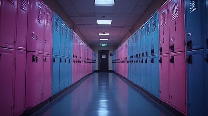 Pink and blue lockers line a school hallway