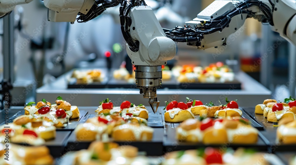 Poster robotic arm assembling food on tray in automated factory setting with focus on precision