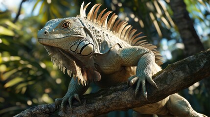 Fototapeta premium Iguana Crawling on Branch in Tropical Jungle Setting