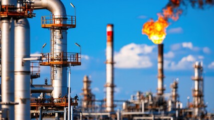 Industrial refinery with tall pipes and burning flare against a bright blue sky on a sunny day