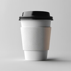 Photorealistic mockup of coffee cup with white paper sleeve and a black plastic lid, isolated on transparent background, 3D rendering
