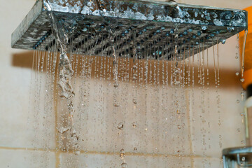 Water cascades from a showerhead in an indoor bathroom setting