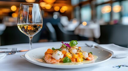 Elegant seafood salad with white wine, restaurant setting.  Use food blog, menu