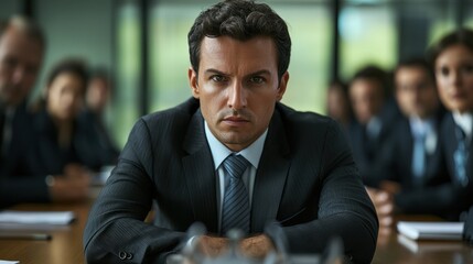 Fototapeta premium An individual with leadership qualities but appearing reserved while speaking at a meeting.