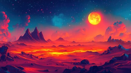Lava Landscape Under a Crimson Moon: A Vibrant Nightscape