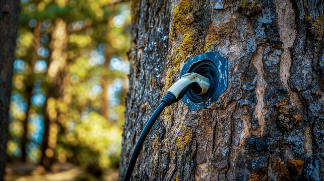 une prise de recharge pour voiture &eacute;lectrique branch&eacute;e sur un arbre - la nature fournie de l'&eacute;nergie verte