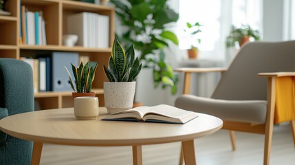 Fototapeta premium Interior view of a living room with a wooden table plants and a book in a bright setting