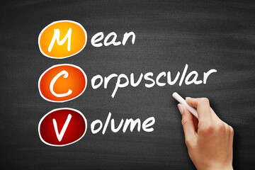 MCV - Mean Corpuscular Volume acronym, health concept on blackboard