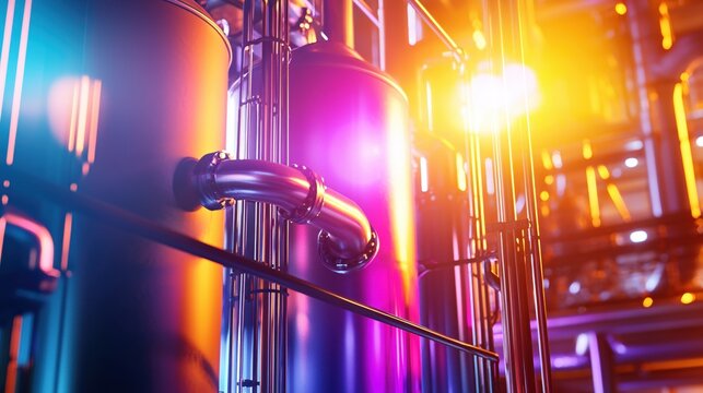 Industrial tanks and pipes with vibrant lighting creating a modern abstract scene