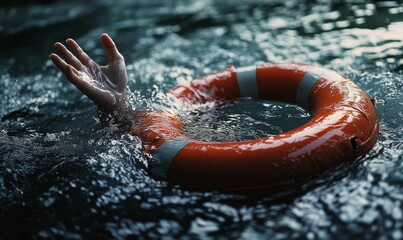 Person in water reaching for a ring buoy.