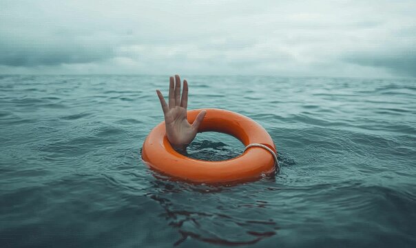 Hand emerges from a life preserver at sea.
