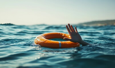 Obraz premium Hand reaches for orange life ring in ocean.