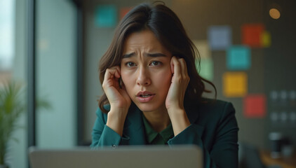 Fototapeta premium Mid Shot of a Confused Latin American Businesswoman expressing confusion and frustration while facing a challenge on her laptop in the office