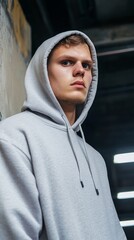 Young man in grey hoodie, urban setting, serious expression, background industrial.