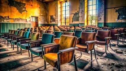 Naklejka premium Empty chairs, a dirty hall, a desolate school's concept image.