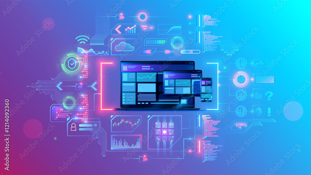 Fototapete Web development and coding. Cross platform development website. Adaptive layout internet page or web interface on screen laptop, tablet and phone. Web design concept illustration. Software development