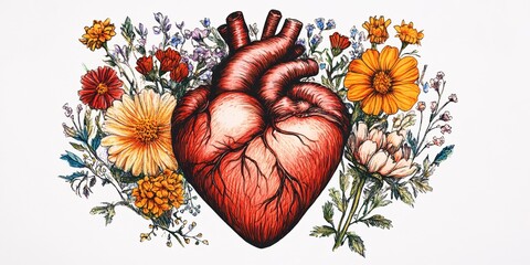 Anatomical Heart Surrounded by Vibrant Floral Bouquet Artistic Botanical Illustration