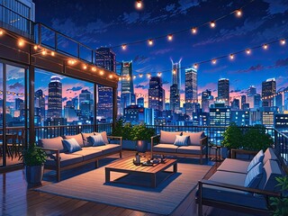 A cozy rooftop terrace overlooking a vibrant city skyline at night. String lights hang above outdoor seating with plush cushions, creating a warm, inviting ambiance against the backdrop of illuminated