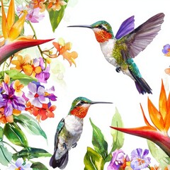 Obraz premium A continuous pattern in watercolor of palm fronds, hummingbirds, and Strelitzia blooms, showcasing contemporary exotic jungle flora.