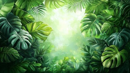 Lush green tropical foliage with bright light shining through creating a natural frame.