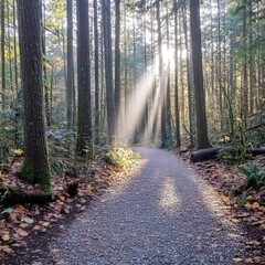 Fototapeta premium Sunbeams through the Forest Trail