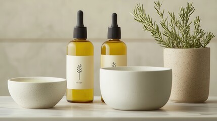 Organic haircare for beautiful styling . Natural skincare products arranged with bowls and greenery.