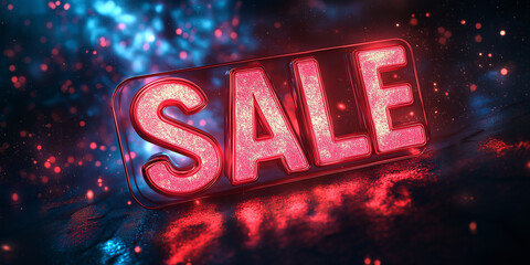 "SALE" written in bold 3D metallic letters, surrounded by glowing sparkles and set against a dark galaxy-themed background with stars and nebulae, futuristic