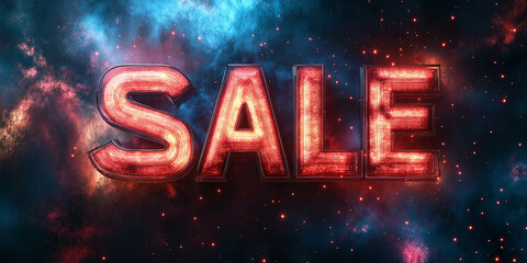 "SALE" written in bold 3D metallic letters, surrounded by glowing sparkles and set against a dark galaxy-themed background with stars and nebulae, futuristic