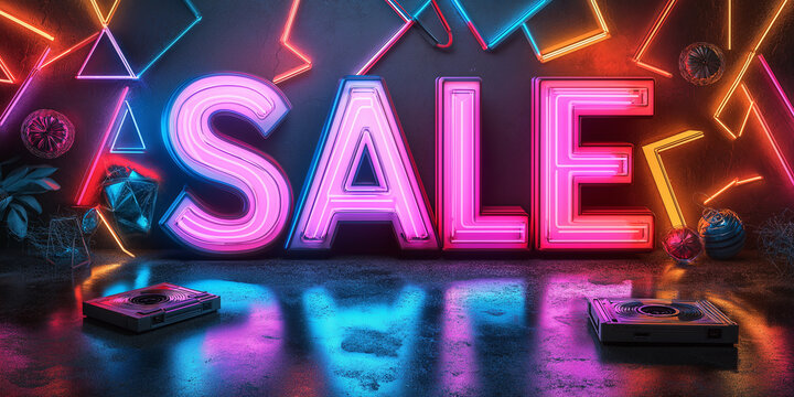 "SALE" written in bold retro-style letters with vibrant colors, surrounded by a 1980s-inspired aesthetic, including neon lights, cassette tapes, and geometric patterns 